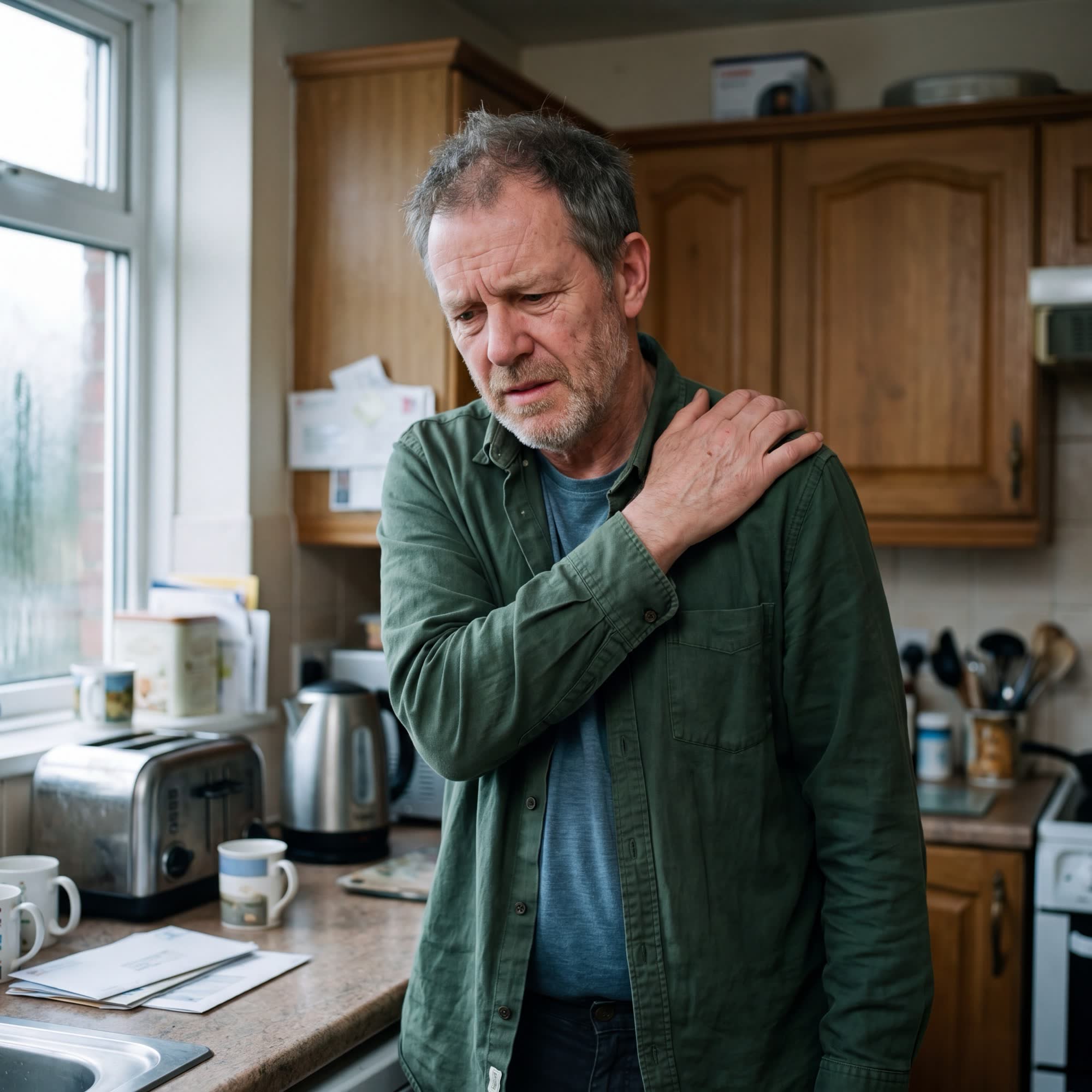 A person holding an aching shoulder